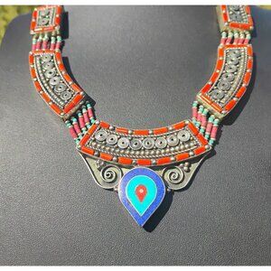 Handmade Tibetan Silver Turquoise Coral Lapis Lazuli Necklace Tribal